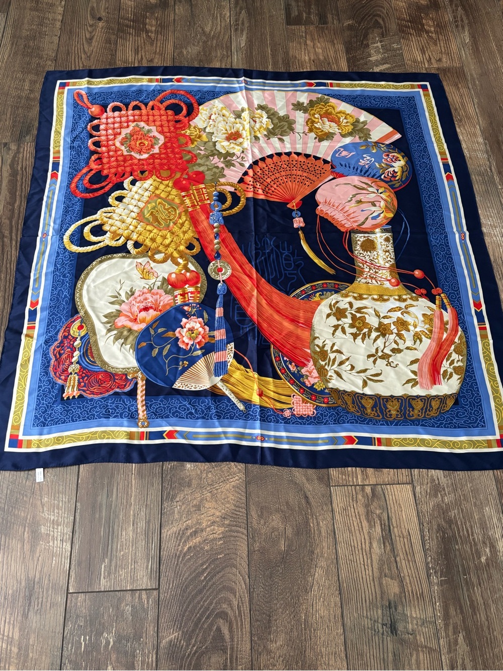 Vintage Multicolor Asian Theme Vase, Fan 100% Silk Scarf, Shawl 41 x 41 Square